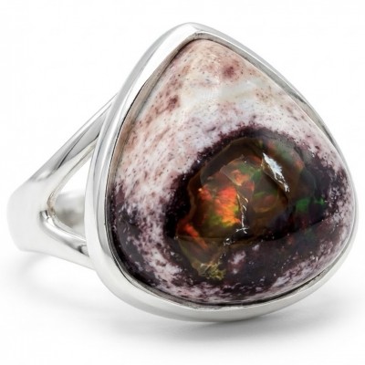 Bonfire Night best quality 18.4 carat Mexican Opal rhodium over .925 Sterling Silver handmade ring 6