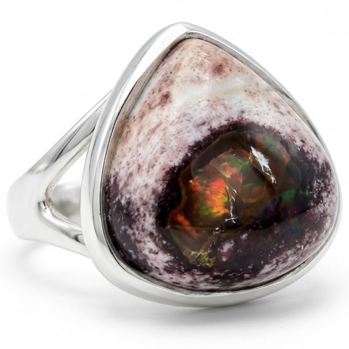 Bonfire Night best quality 18.4 carat Mexican Opal rhodium over .925 Sterling Silver handmade ring 6