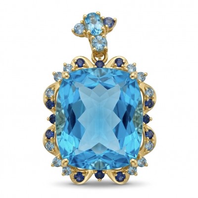 Atlantica - amazing quality baquette cut 45.5 CARAT genuine Swiss Blue Topaz Enamel 22K Gold over .925 Sterling Silver handmade pendant