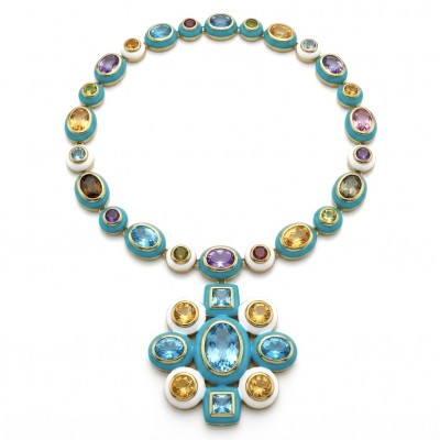 Outstanding - Authentic 31.2 carat Swiss Blue Topaz 18.8 carat Citrine 14.1 carat Amethyst Enamel 22K Gold over .925 Sterling Silver handcrafted Statementbnecklace