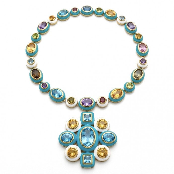 Outstanding - Authentic 31.2 carat Swiss Blue Topaz 18.8 carat Citrine 14.1 carat Amethyst Enamel 22K Gold over .925 Sterling Silver handcrafted Statementbnecklace