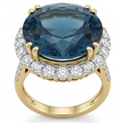 Atlantica rare round cut 17.9 carat authentic London Blue Topaz 22K Gold over .925 Sterling Silver Handcrafted Ring size 7 1/2