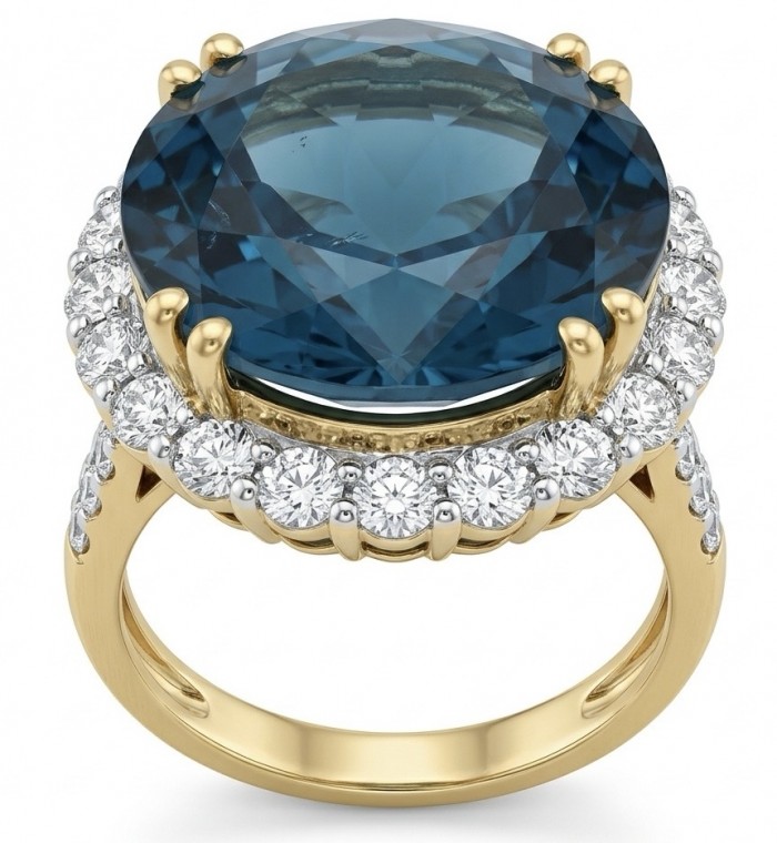 Atlantica rare round cut 17.9 carat authentic London Blue Topaz 22K Gold over .925 Sterling Silver Handcrafted Ring size 7 1/2