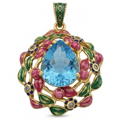 Countless Blessings Genuine 24.5 carat Authentic Swiss Blue Topaz real enamel 22K Gold over .925 Sterling Silver handmade Pendant