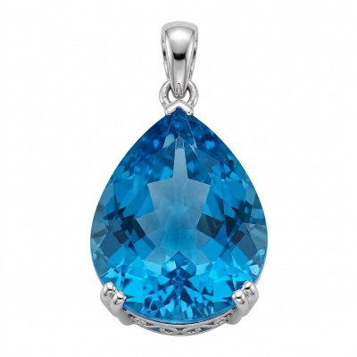 Tiffany Incredible pear cut 22.4 carat Swiss Blue Topaz rhodium over .925 Sterling Silver handcrafted pendant