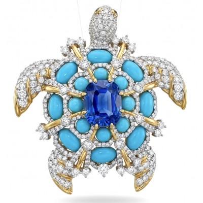 Blue Turtle Authentic 10.2 carat Swiss Blue Topaz Sleeping Beauty Turquoise rhodium over .925 Sterling Silver 2 tones handcrafted Statement Pendant Brooch