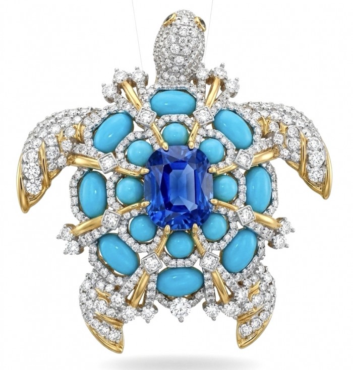 Blue Turtle Authentic 10.2 carat Swiss Blue Topaz Sleeping Beauty Turquoise rhodium over .925 Sterling Silver 2 tones handcrafted Statement Pendant Brooch