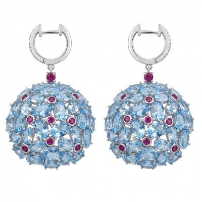 Atlantica - 34.7 carat Swiss Blue Topaz 0.4 carat Garnet .925 Sterling Silver dipped in Rhodium Handcrafted Statement earrings