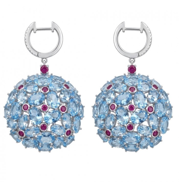 Atlantica - 34.7 carat Swiss Blue Topaz 0.4 carat Garnet .925 Sterling Silver dipped in Rhodium Handcrafted Statement earrings