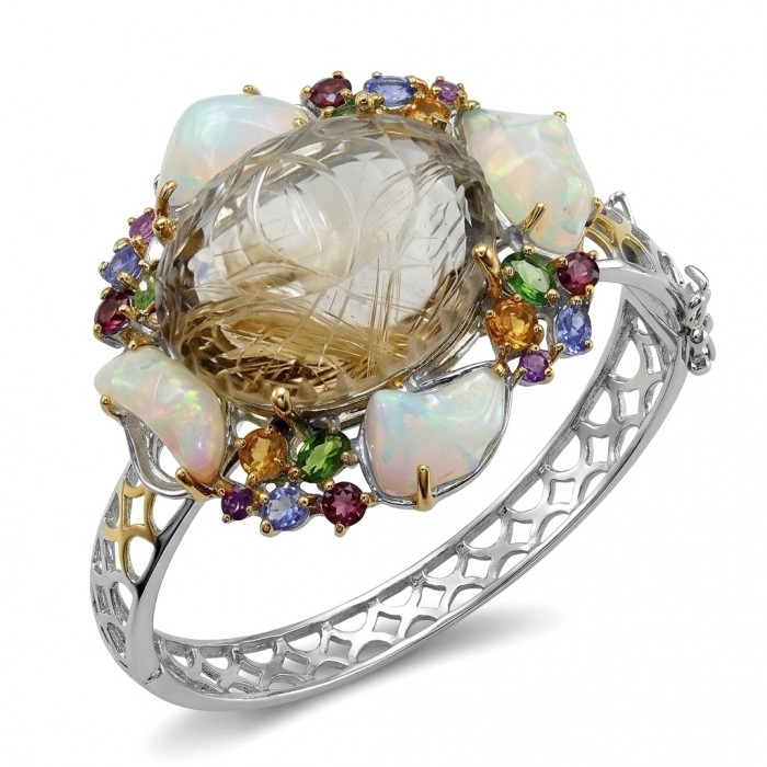 Golden Symphony 59.8 carat Genuine Champagne Topaz Rough Opal 2 tones .925 Sterling Silver dipped in Rhodium handcrafted bracelet