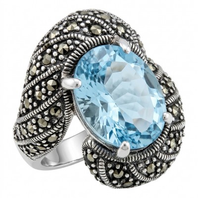 Massive Angel Blue 25.8 carat Aquamarine Marcasite .925 Sterling Silver handcrafted ring size 8