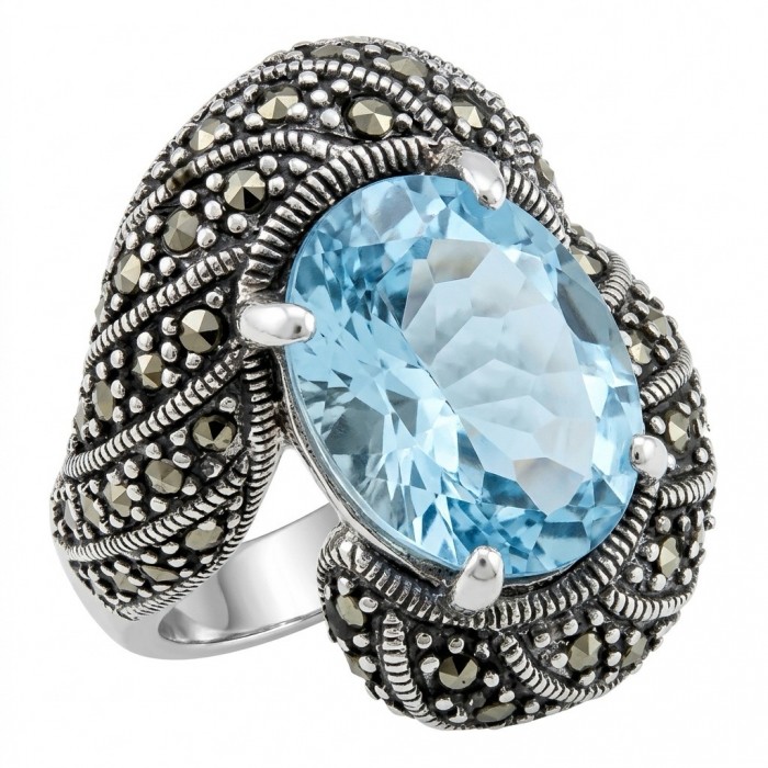 Massive Angel Blue 25.8 carat Aquamarine Marcasite .925 Sterling Silver handcrafted ring size 8