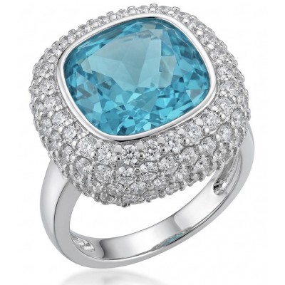 Aqua 10.5 carat Swiss Blue Topaz rhodium over .925 Sterling Silver handcrafted ring size 8