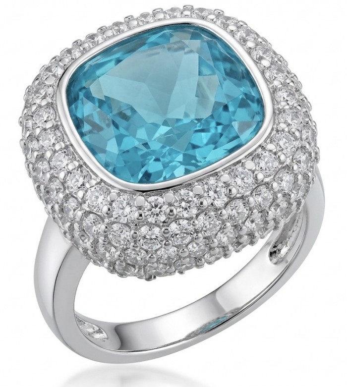 Aqua 10.5 carat Swiss Blue Topaz rhodium over .925 Sterling Silver handcrafted ring size 8