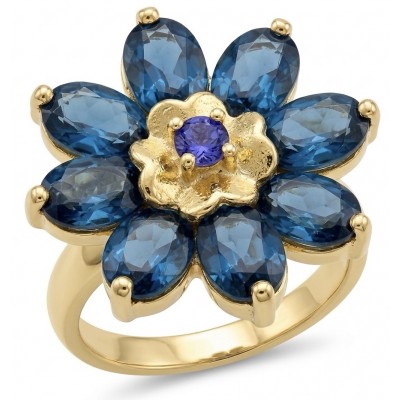 Magic Flower petal 10.8 carat authentic London Blue Topaz 0.2 carat Tanzanite 22k Gold over.925 Sterling Silver handmade Statement Ring size 7