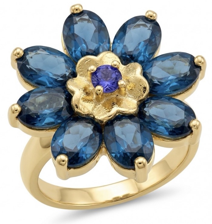 Magic Flower petal 10.8 carat authentic London Blue Topaz 0.2 carat Tanzanite 22k Gold over.925 Sterling Silver handmade Statement Ring size 7