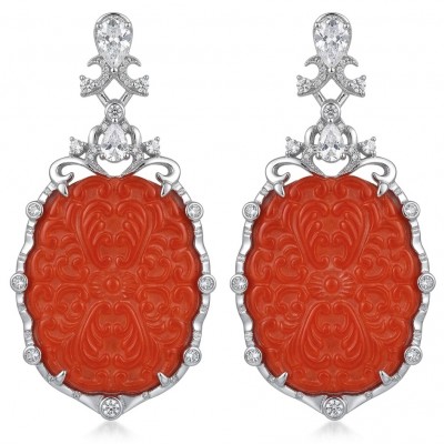 Ancient Mystery carved Fossilized Coral rhodium over .925 Sterling Silver handmade Statement Large earrings