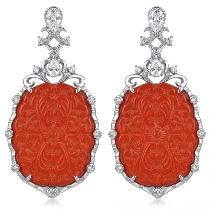 Ancient Mystery carved Fossilized Coral rhodium over .925 Sterling Silver handmade Statement Large earrings