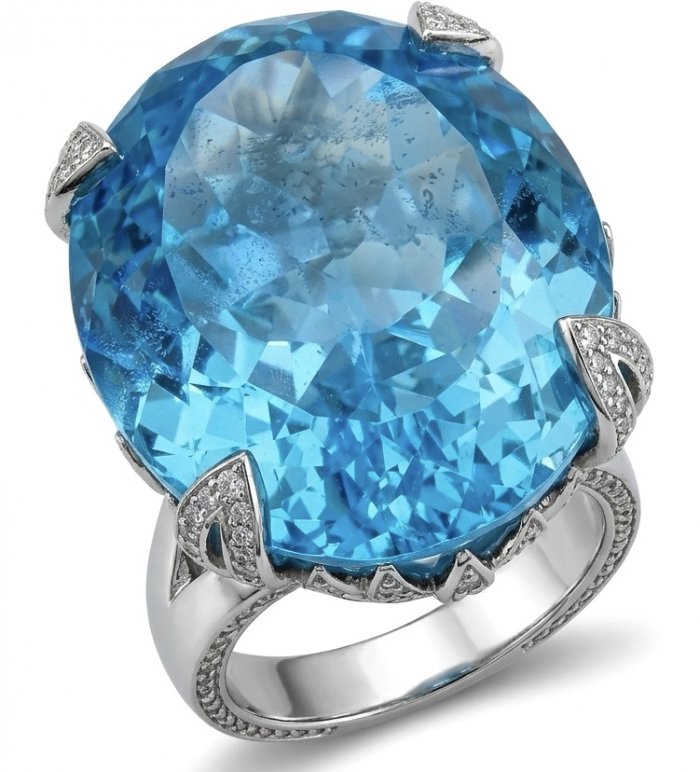 The Ocean Empress 45.8 carat Swiss Blue Topaz rhodium over .925 Sterling Silver dipped in rhodium handcrafted ring size 6 - video