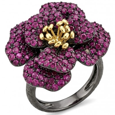 Rose Authentic 7.9 carat pave Kasmir Ruby .925 Sterling Silver brilliantly dipped in black rhodium 2 tones handcrafted Statement ring; s. 6 1/4