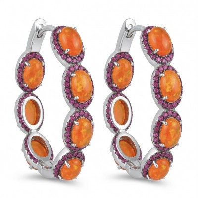 Valentina 8.7 carat Natural Fire Orange Opal rhodium over .925 Sterling Silver handcrafted inside - out Hoop earrings