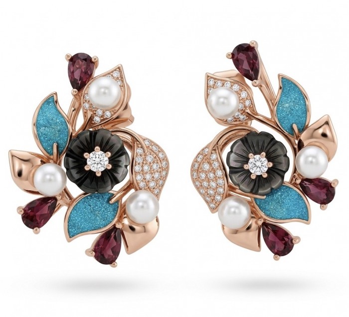 Masterpiece Authentic Pearl Enamel 18K Rose Gold over .925 Sterling Silver handcrafted earrings