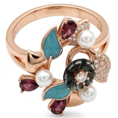Masterpiece Authentic Pearl Enamel 18K Rose Gold over .925 Sterling Silver handcrafted Ring s. 9