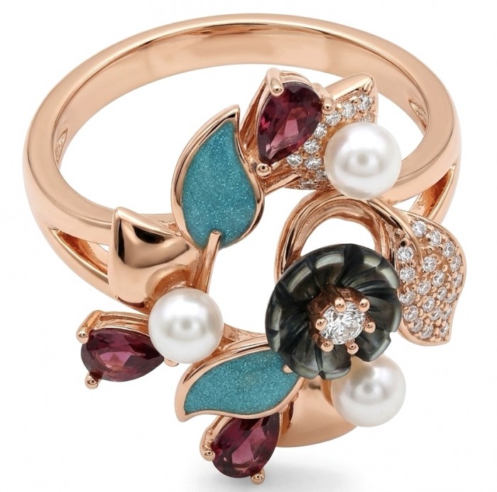 Masterpiece Authentic Pearl Enamel 18K Rose Gold over .925 Sterling Silver handcrafted Ring s. 9