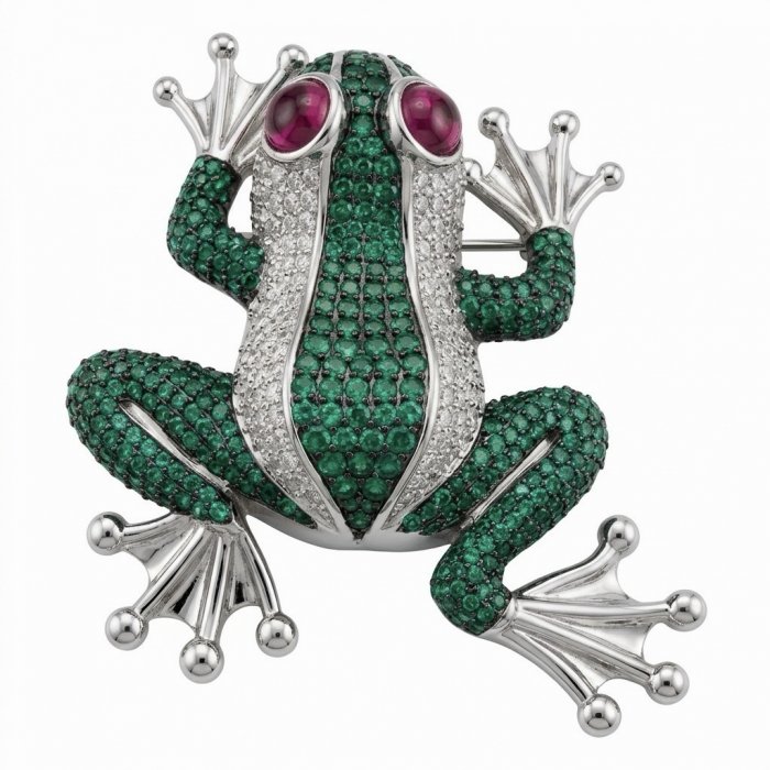 Jumping Frog 5.7 pave Colombian Emerald 1.4 carat Ruby .925 Sterling Silver dipped in rhodium handmade Brooch - video