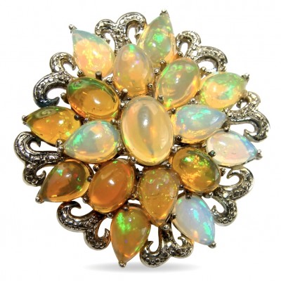 Black Label Collection Genuine 24.8 carat Fire Ethiopian Opal .925 Sterling Silver dipped in rhodium handmade Pendant - Brooch