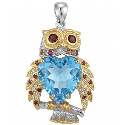 Authentic 17.4 carat Swiss Blue Topaz Owl 18K Gold over .925 Sterling Silver handmade Pendant