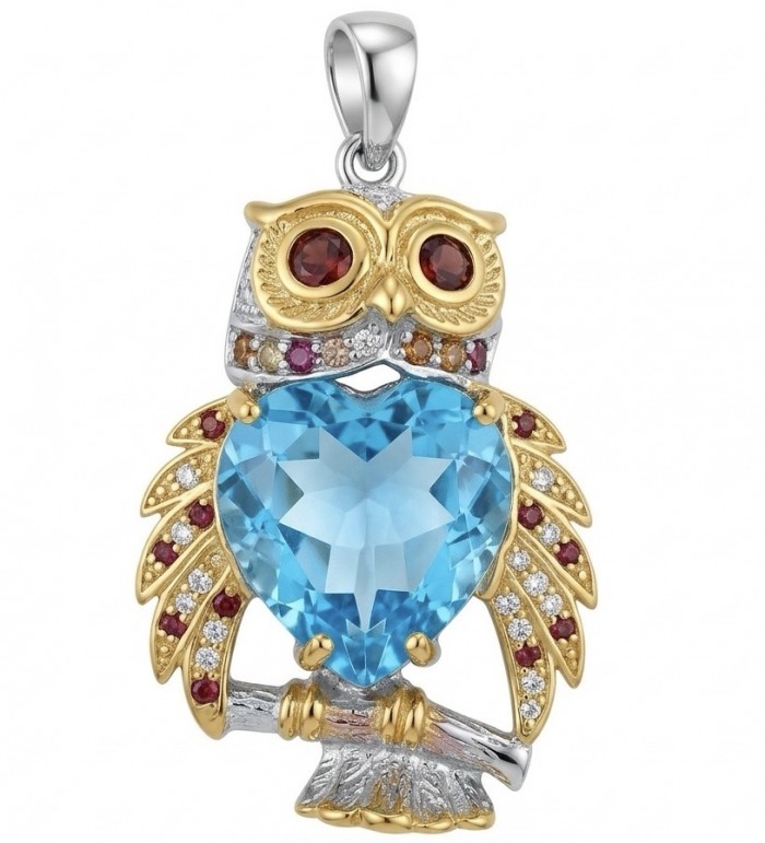 Authentic 17.4 carat Swiss Blue Topaz Owl 18K Gold over .925 Sterling Silver handmade Pendant