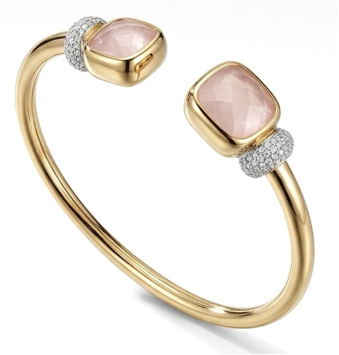 Precious Light Natural 8.2 carat Rose Quartz 0.6 carat Moissanite 14K Gold over .925 Sterling Silver open-ended bracelet