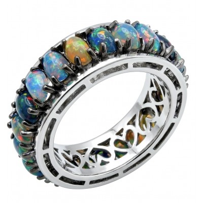 Milky way Genuine 8.2 carat Black Opal 18K Gold over .925 Sterling Silver handmade eternity Ring size 8