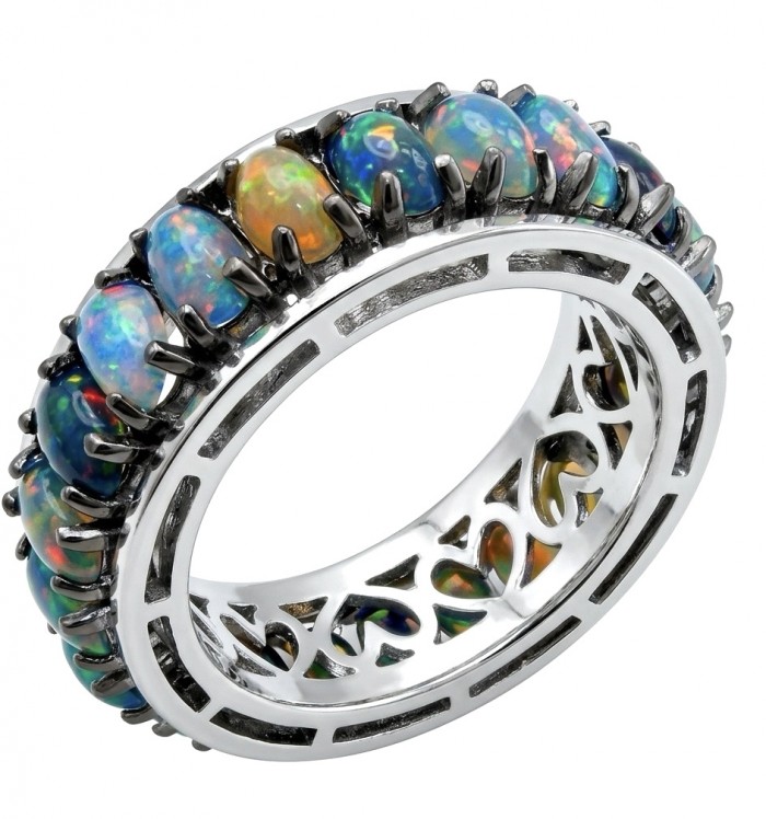Milky way Genuine 8.2 carat Black Opal 18K Gold over .925 Sterling Silver handmade eternity Ring size 8