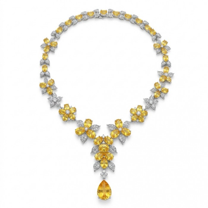 Francesca - Luxurious 65.5 carat Natural Citrine rhodium over .925 Sterling Silver handcrafted necklace