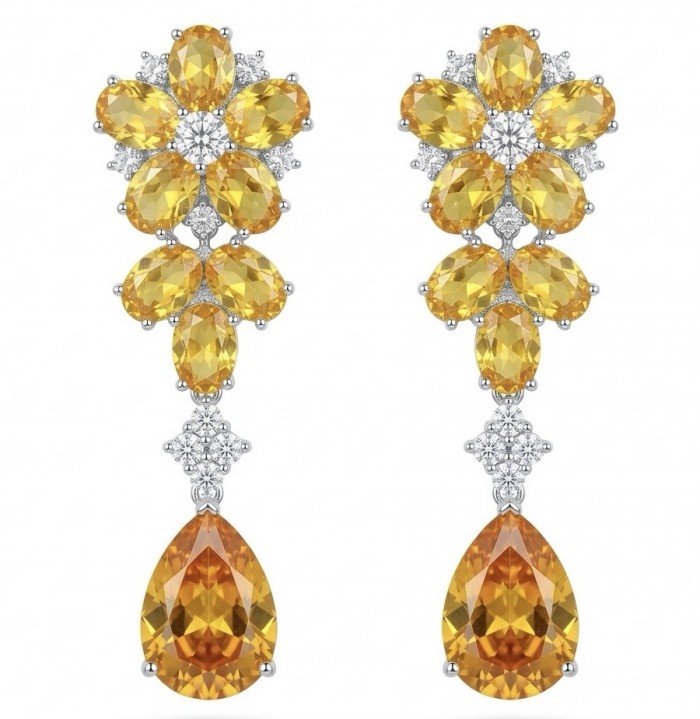 Francesca - Luxurious 28.5 carat Natural Citrine rhodium over .925 Sterling Silver handcrafted Statement earrings