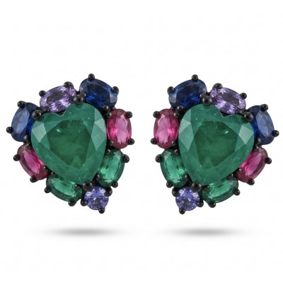 Love is Forever 6.2 carat Colombian Emerald .925 Sterling Silver dipped in black rhodium handmade Statement Earrings