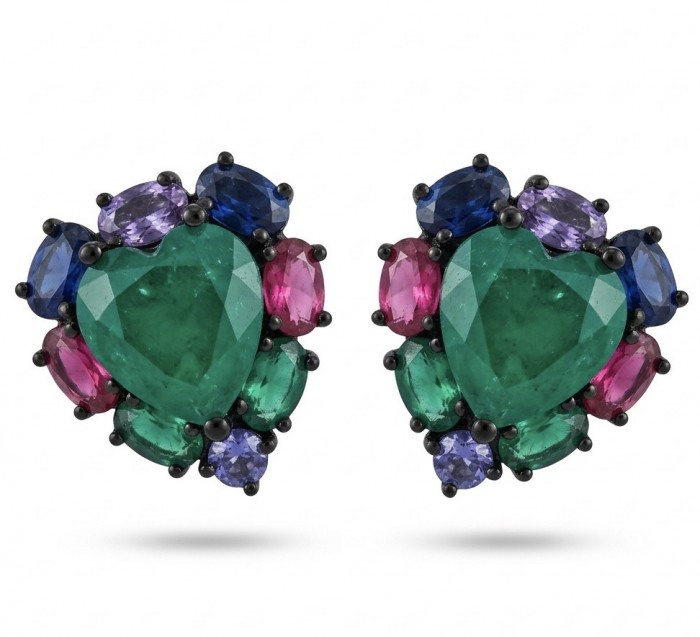Love is Forever 6.2 carat Colombian Emerald .925 Sterling Silver dipped in black rhodium handmade Statement Earrings