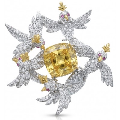 Birds around a Rock - Iconic design - Genuine 15.8 carat yellow Sapphire 0.4 carat Ruby 18K Gold over .925 Sterling Silver handmade Brooch