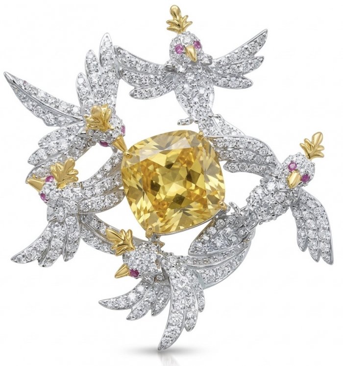 Birds around a Rock - Iconic design - Genuine 15.8 carat yellow Sapphire 0.4 carat Ruby 18K Gold over .925 Sterling Silver handmade Brooch - video