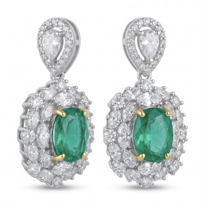 Victoria 4.8 carat Colombian Emerald 5.2 carat Moissanite .925 Sterling Silver dipped in rhodium 2 tones handmade Statement Earrings
