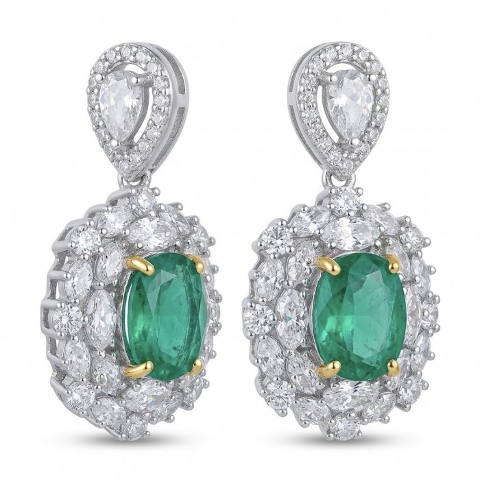 Victoria 4.8 carat Colombian Emerald 5.2 carat Moissanite .925 Sterling Silver dipped in rhodium 2 tones handmade Statement Earrings - video