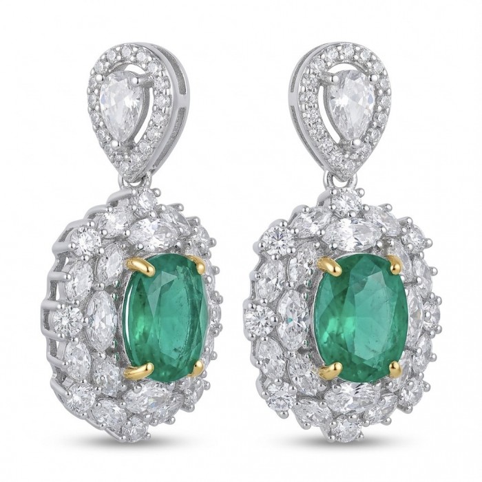 Victoria 4.8 carat Colombian Emerald 5.2 carat Moissanite .925 Sterling Silver dipped in rhodium 2 tones handmade Statement Earrings