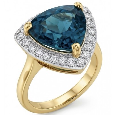 Odyssey 10.5 carat natural trillion cut London Blue Topaz 22K Gold over .925 Sterling Silver Handcrafted Ring size 6