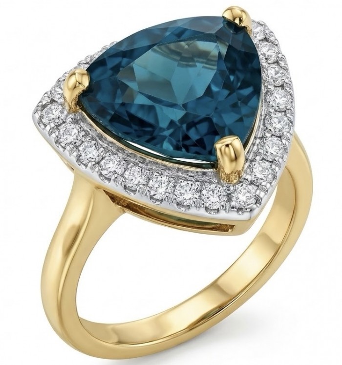 Odyssey 10.5 carat natural trillion cut London Blue Topaz 22K Gold over .925 Sterling Silver Handcrafted Ring size 6