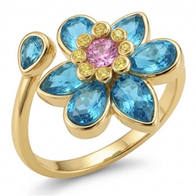 Summer flower 6.5 carat genuine Blue Topaz 14K Gold over .925 Sterling Silver handmade Statement Ring size 10