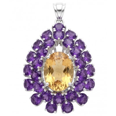 Timeless Beauty genuine 29.2 CARAT Citrine Amethyst .925 dipped in Rhodium Sterling Silver handmade Pendant