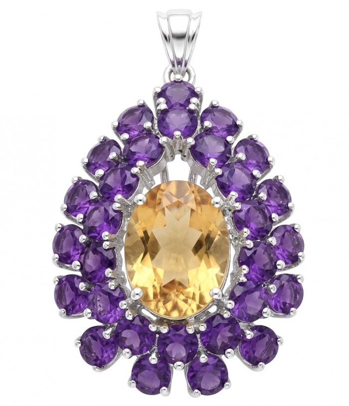 Timeless Beauty genuine 29.2 CARAT Citrine Amethyst .925 dipped in Rhodium Sterling Silver handmade Pendant