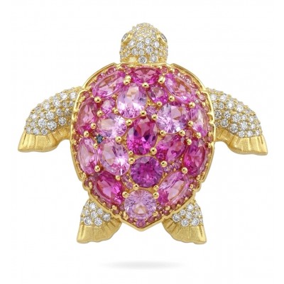 Pink Turtle Authentic 14.2 carat Pink Tourmaline 18K Gold over .925 Sterling Silver handcrafted Statement Pendant Brooch
